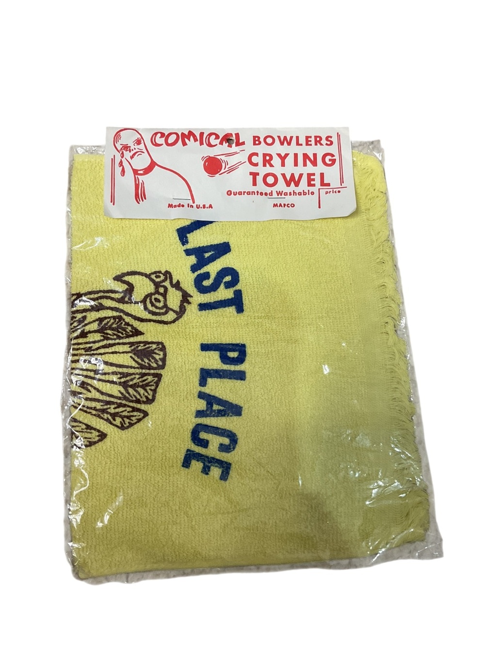 Vintage MAFCO Comical Bowlers Crying Towel Last Place Award NOS 1984 USA